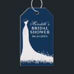 Elegant Navy Blue Wedding Gown Bridal Shower Gift Tags<br><div class="desc">Cardstock bridal shower favour tags feature a wedding gown,  white and navy blue colour scheme,  and custom text that can be personalised with the bride's name and event date. A chic butterfly pattern dresses up the back side of the card.</div>