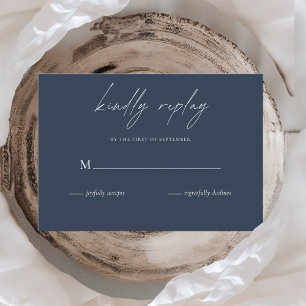 Elegant Navy Blue Wedding Minimalist Script RSVP Card
