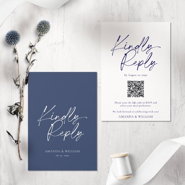 Elegant Navy Blue Wedding RSVP Card with QR Code (Creator Uploaded)