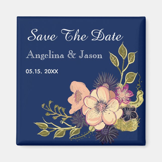 Elegant Navy Blue Wedding Save The Date Magnet (Front)