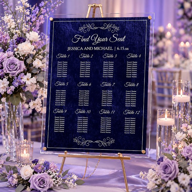 Elegant Navy Blue Wedding Seating Chart  (Elegant navy blue velvet acrylic wedding seating chart)