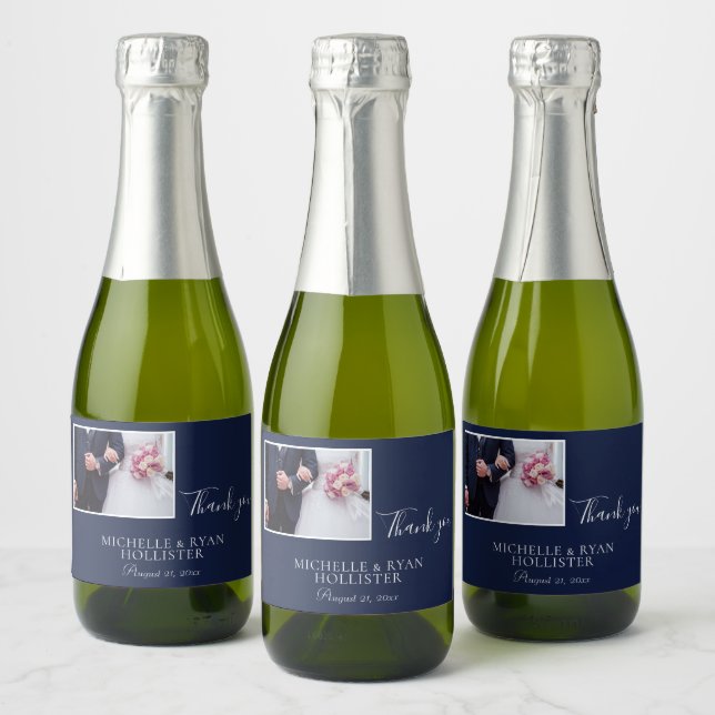 Elegant Navy Blue Wedding Thank you Photo Sparkling Wine Label (Bottles)