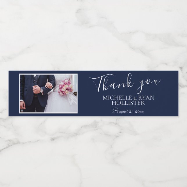 Elegant Navy Blue Wedding Thank you Photo Water Bottle Label (Single Label)
