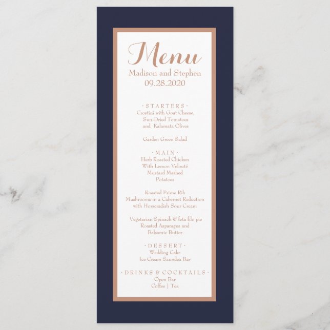 Elegant Navy Blue,White and Faux Rose Gold Wedding Menu (Front)