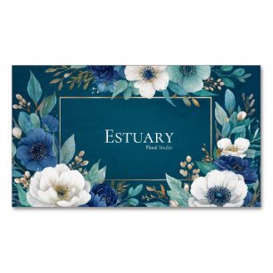 Elegant Navy Blue White Anemone Teal Gold Frame Magnetic Business Card