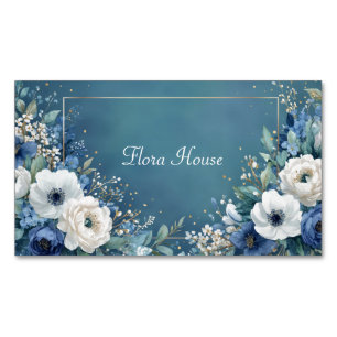 Elegant Navy Blue White Anemone Teal Gold Magnetic Business Card