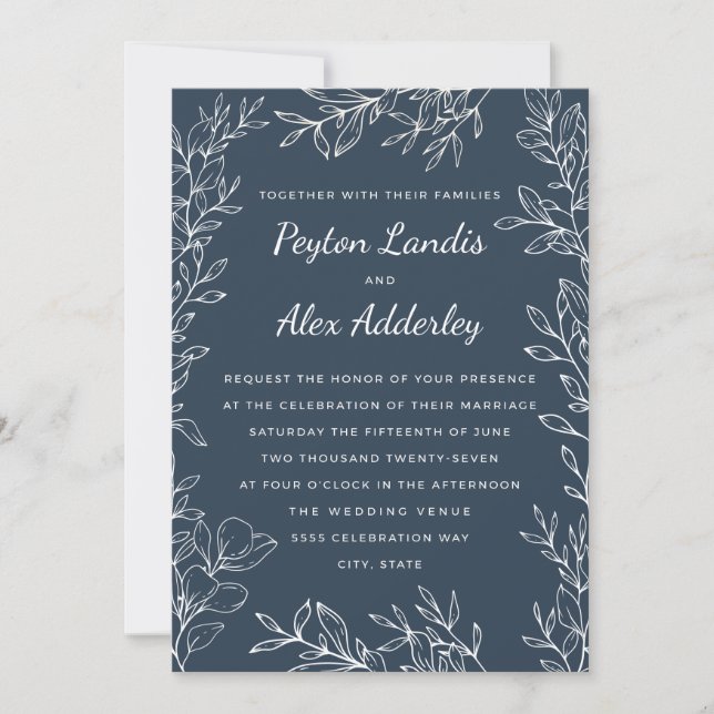 Elegant Navy Blue White Botanical Line Art Wedding Invitation (Front)