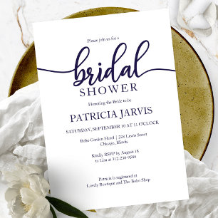 Elegant Navy Blue White Calligraphy Bridal Shower Invitation
