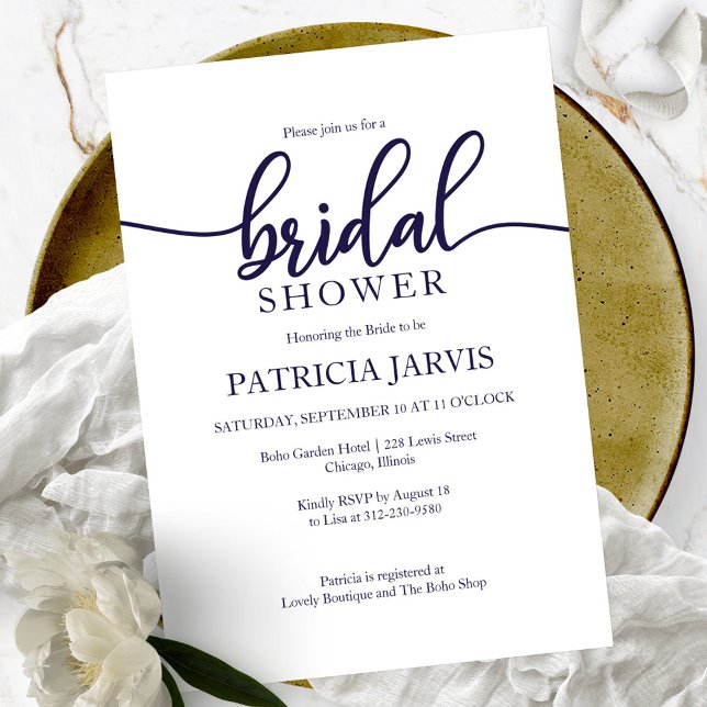Elegant Navy Blue White Calligraphy Bridal Shower Invitation (Creator Uploaded)