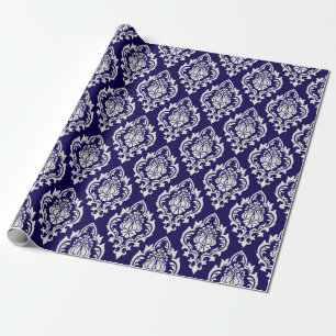 Elegant Navy Blue White Damask Pattern Luxury Wrapping Paper