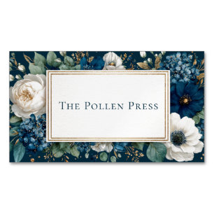 Elegant Navy Blue White Floral Gold Glitter Frame Magnetic Business Card