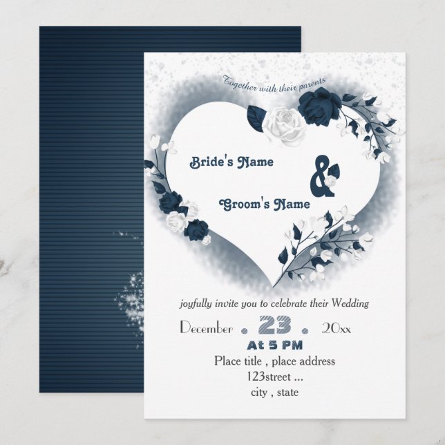 elegant navy blue & white floral heart wedding  invitation (Front/Back)