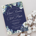 Elegant Navy Blue White Floral Modern Bat Mitzvah Invitation<br><div class="desc">Beautiful white peony flowers and green watercolor leaves form an elegant border on this pretty navy blue floral Bat Mitzvah invitation. Your daughter's name is written in chic,  white calligraphy on this ceremony or party invitation for a Jewish family celebrating a girl being called to the Torah.</div>
