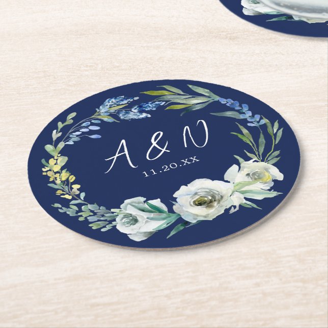 Elegant Navy Blue White Floral Monogram Wedding Round Paper Coaster (Angled)