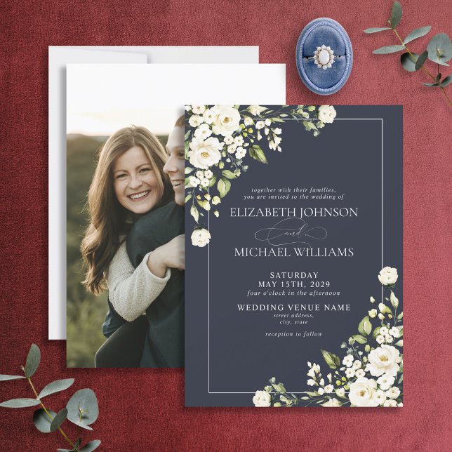 Elegant Navy Blue White Floral Photo Wedding Invitation (Creator Uploaded)