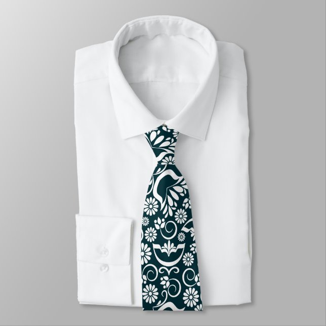 Elegant Navy Blue White Floral Vintage Scrollwork Tie (Tied)