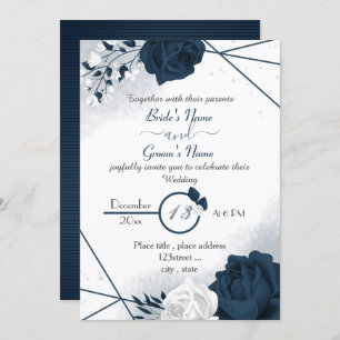 elegant navy blue & white flowers wedding invitati invitation
