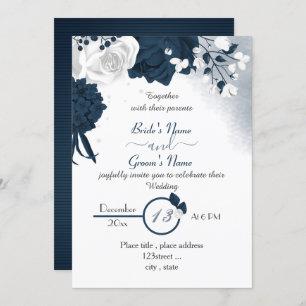 elegant navy blue & white flowers wedding invitation