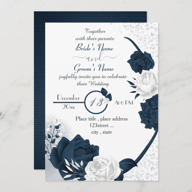 elegant navy blue & white flowers wedding invitation (Front/Back)