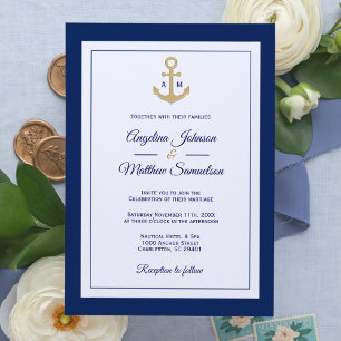 Elegant Navy Blue White Gold Nautical Wedding Invitation