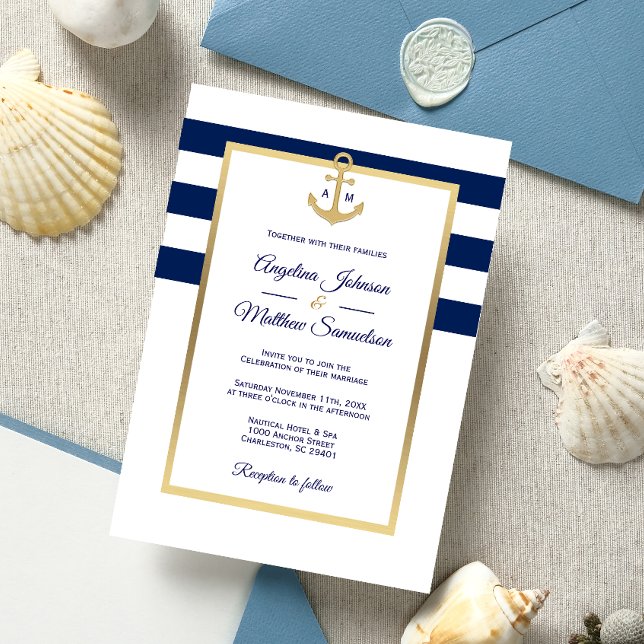 Elegant Navy Blue White Gold Nautical Wedding Invitation (Creator Uploaded)