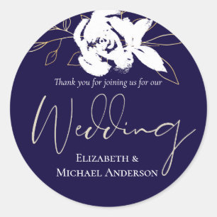 Elegant Navy Blue White Gold Wedding Classic Round Sticker