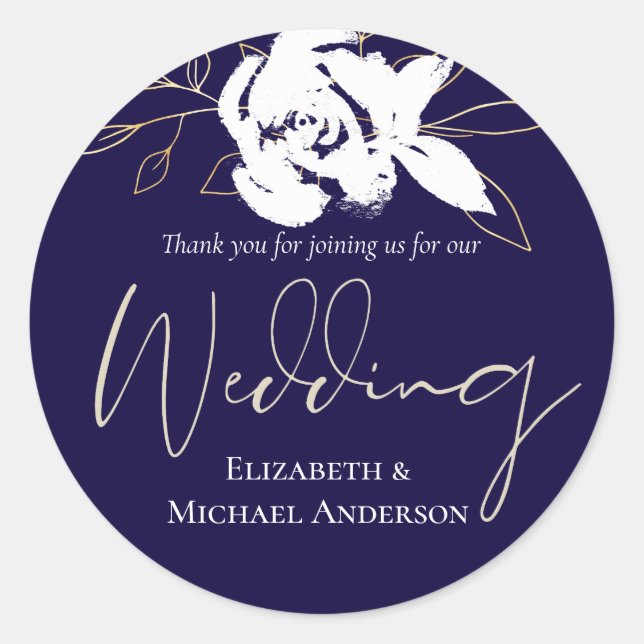 Elegant Navy Blue White Gold Wedding Classic Round Sticker (Front)