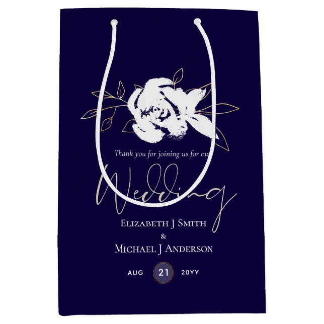 Elegant Navy Blue White Gold Wedding Medium Gift Bag (Front)