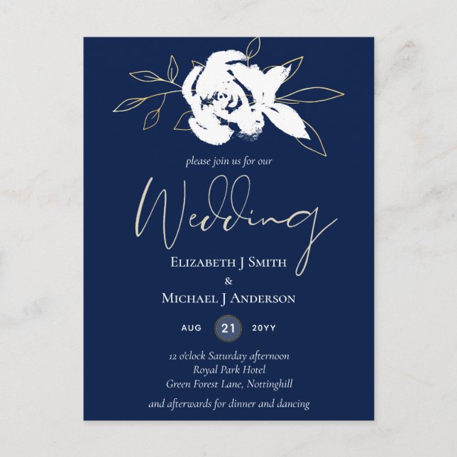 Elegant Navy Blue White Gold Wedding Postcard (Front)