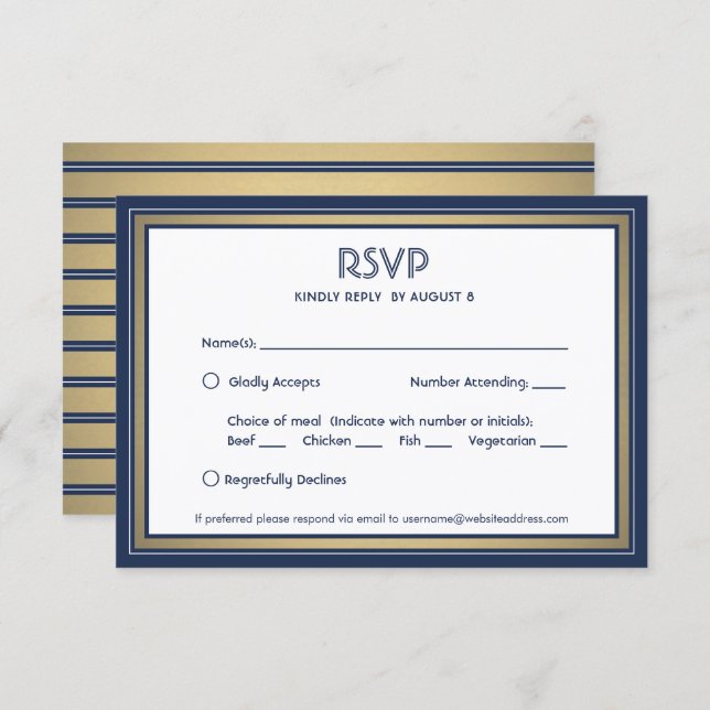 Elegant Navy Blue White & Gold with Meal Options RSVP Card (Front/Back)