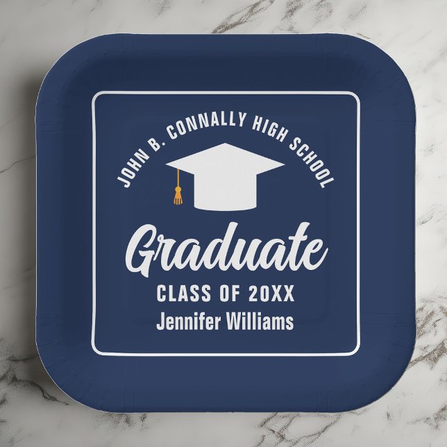 Elegant Navy Blue White Graduation Party Square Paper Plate (Creator Uploaded)