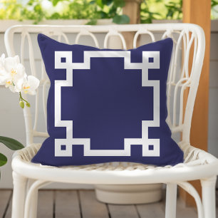 Elegant Navy Blue White Greek Key Border Cushion