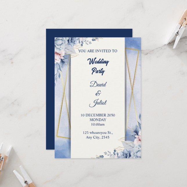 Elegant Navy Blue & White Invitation (Front/Back In Situ)