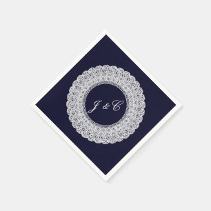 Elegant navy blue & white lace cocktail napkin