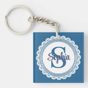 Elegant Navy Blue White Lace Monogram Name Key Ring