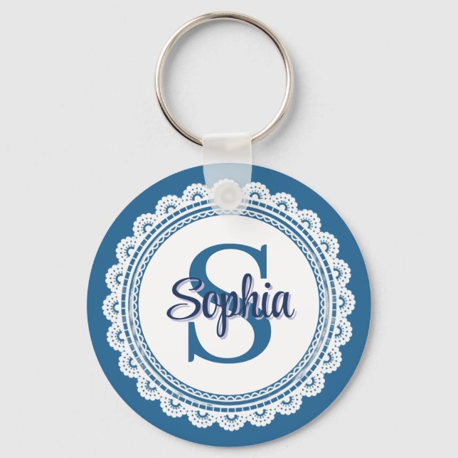Elegant Navy Blue White Lace Monogram Name Key Ring (Front)