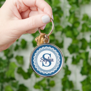 Elegant Navy Blue White Lace Monogram Name Key Ring
