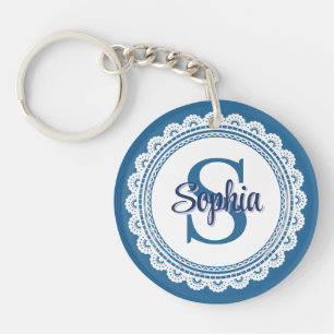 Elegant Navy Blue White Lace Monogram Name Key Ring