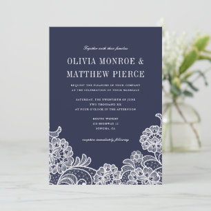 Elegant Navy Blue White Lace Wedding Invitations