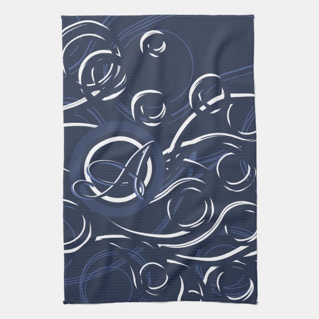 Elegant Navy Blue & White Modern Monogram Pattern Tea Towel (Vertical)
