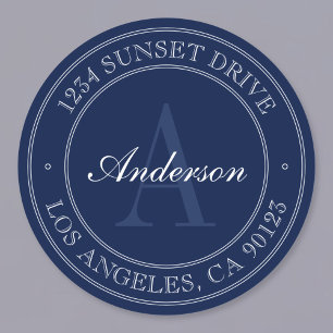 Elegant Navy Blue & White Monogram Address Classic Round Sticker