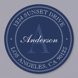 Elegant Navy Blue & White Monogram Address Classic Round Sticker