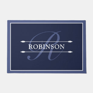Elegant Navy Blue White Monogram & Name Doormat
