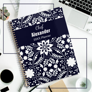 Elegant Navy Blue White Nordic Folk Floral Pattern Planner