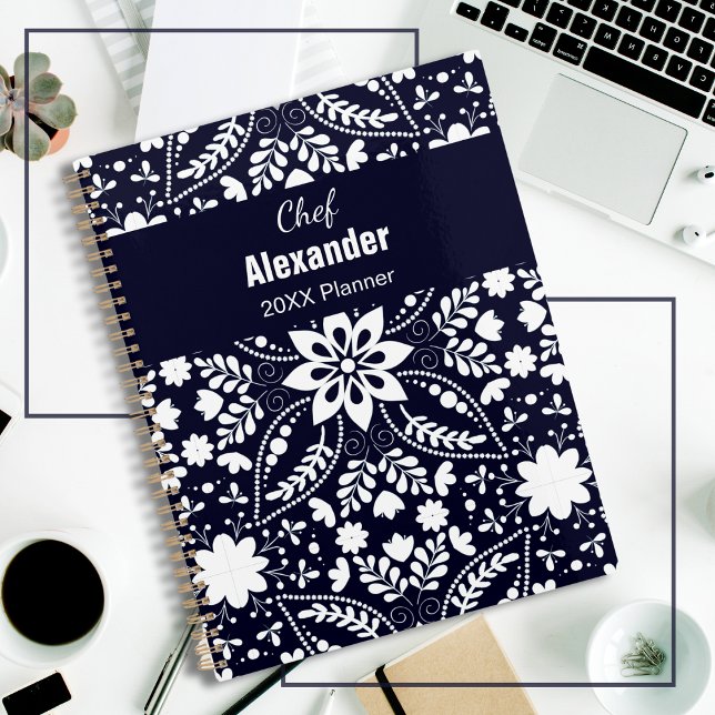 Elegant Navy Blue White Nordic Folk Floral Pattern Planner (Creator Uploaded)