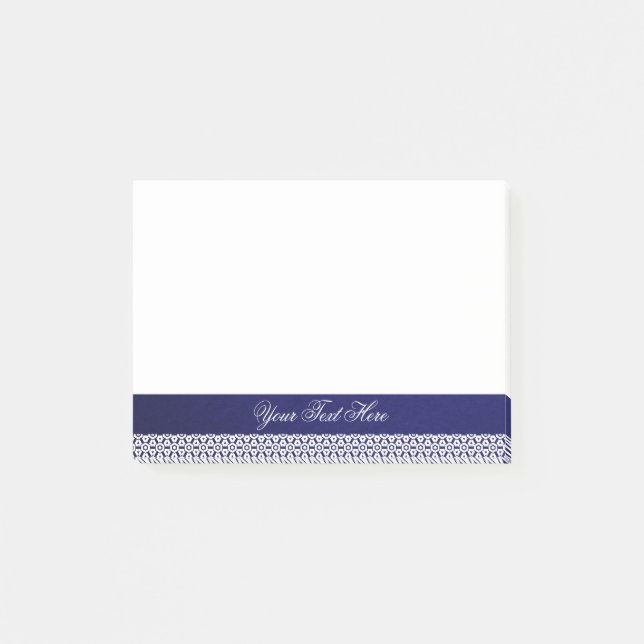 Elegant navy blue white ornamental personalised post-it notes (Front)
