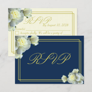 Elegant Navy Blue White Roses Minimal RSVP card