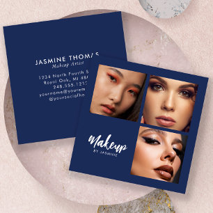 Elegant Navy Blue White Script 3 Photo Makeup Square Business Card