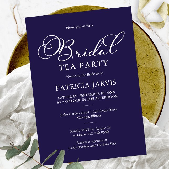 Elegant Navy Blue White Script Bridal Tea Party Invitation (Creator Uploaded)
