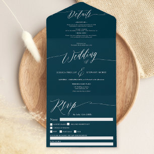 Elegant navy blue white script modern wedding all in one invitation